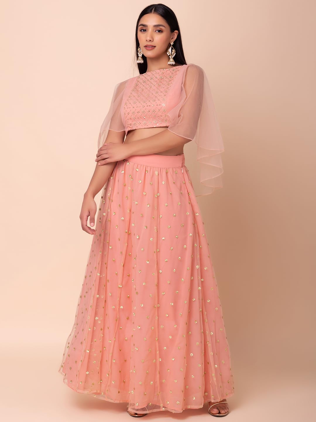 Indya Women's Mesh Lehenga Sets (ICO00531_Pink_S)