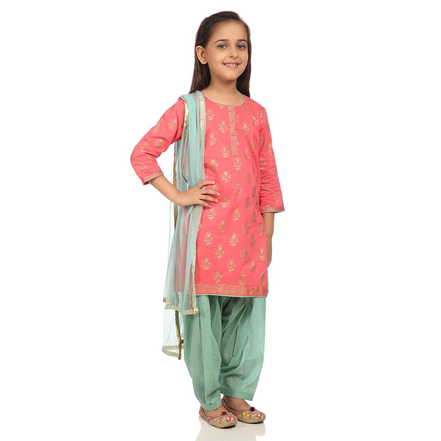 BIBA Girl's Ethnic Pink Cotton Kurta Set (Size_3)