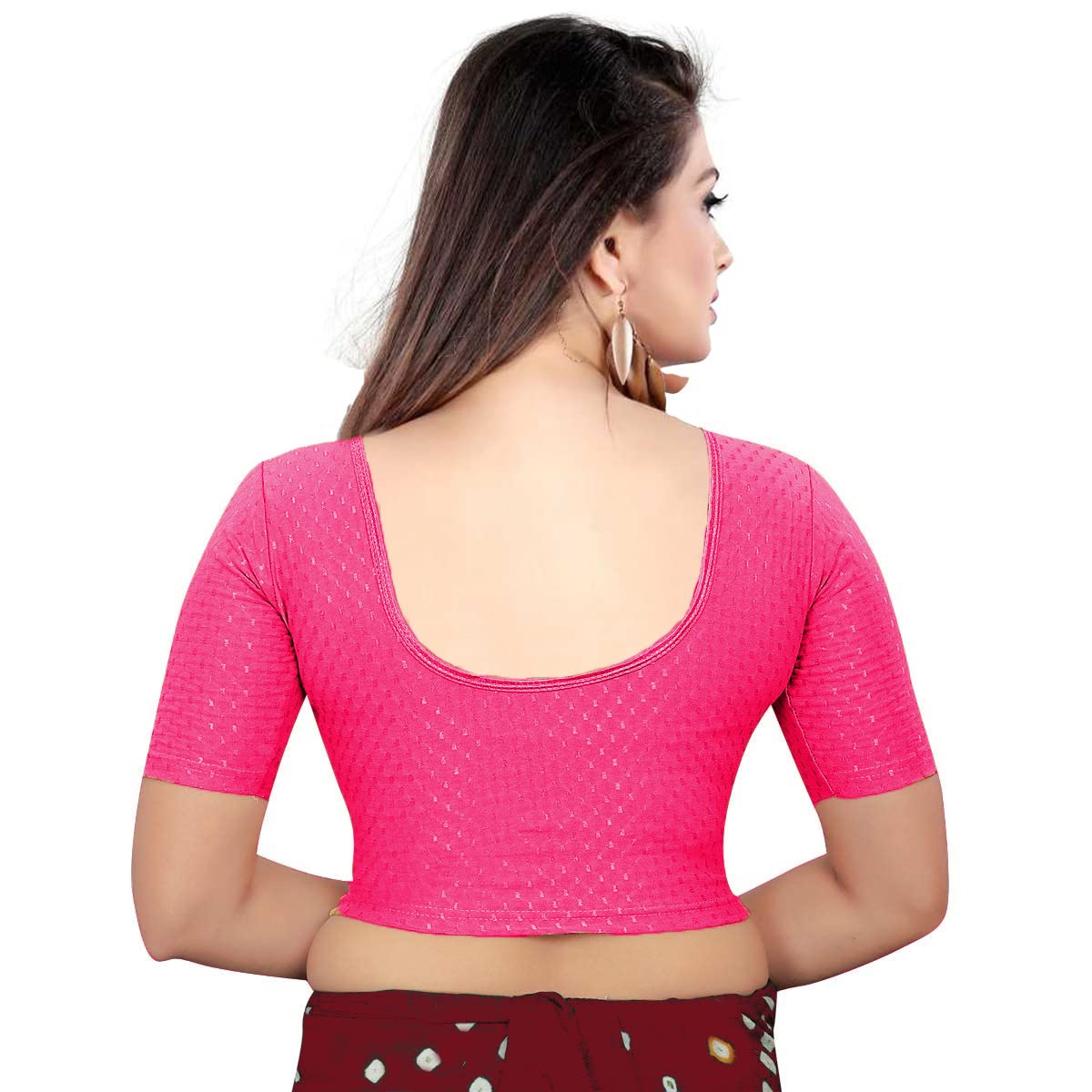 PU Fashion Stylish Round Neck Dobby Cotton Stretchable Elbow Sleeve Readymade Saree Blouse for Women Breathable Soft Material Casual wear Blouse Rani Size 30"
