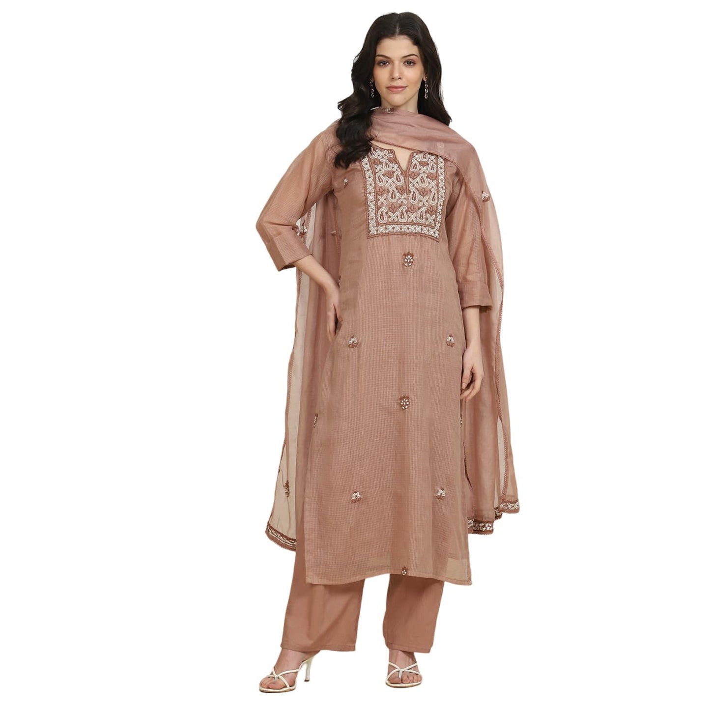 Biba Women's Brown Cotton Hand Embroidered Unstitched Suit Set