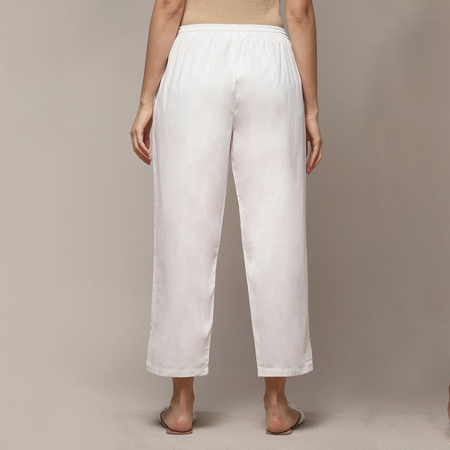 Biba Women's Solid Bottom Wear Regular Trousers (Bottom W14910_Off White_Large)