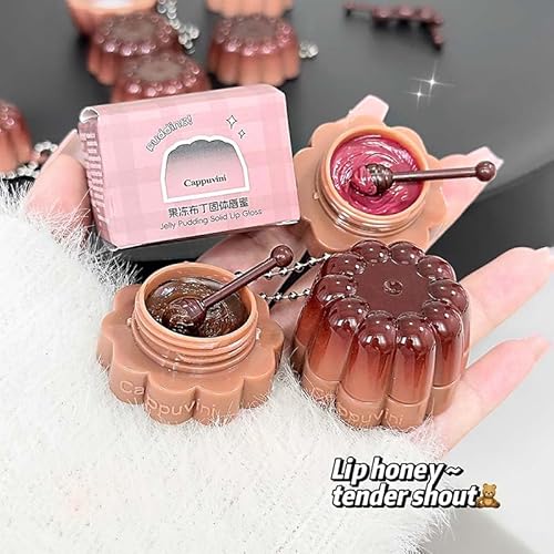 Cappuvini Jelly Pudding Solid Lip Gloss | Plumping Mirror Shine Lip Lacquer | Smooth Application Moisturizing Lip Butter | Trendy Shades Baby Pink Burgundy Mocha Peach Nude Coffee Brown | Pendant Wearable Mold Compact Mini Size | Gen Z Y2K Aesthetic Kawai