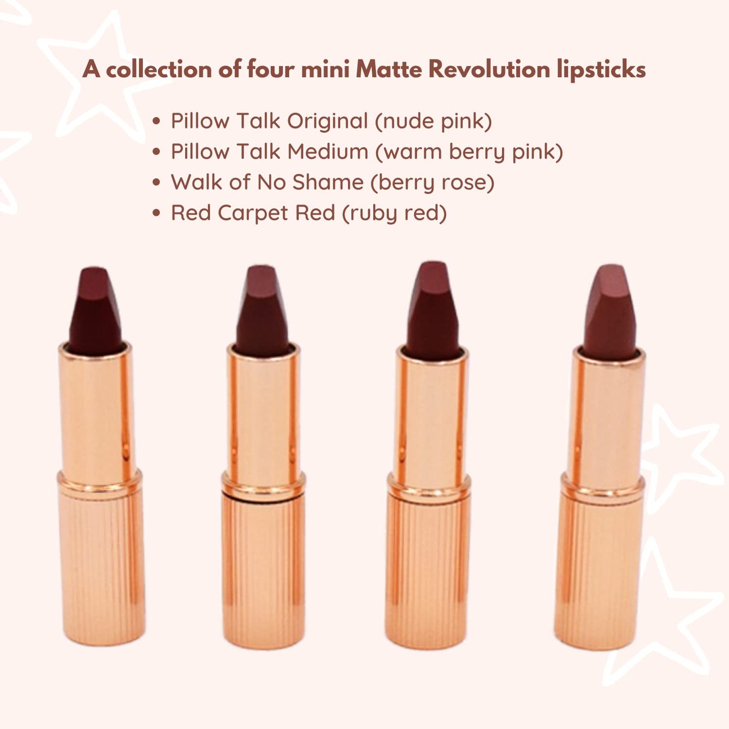 Charlotte Tilbury Mini Iconic Lip Wardrobe - Matte Revolution Quad 4 Lipsticks Gift Set:: Pillow Talk, Pillow Talk Medium, Walk of No Shame, Red Carpet Red - Long Lasting