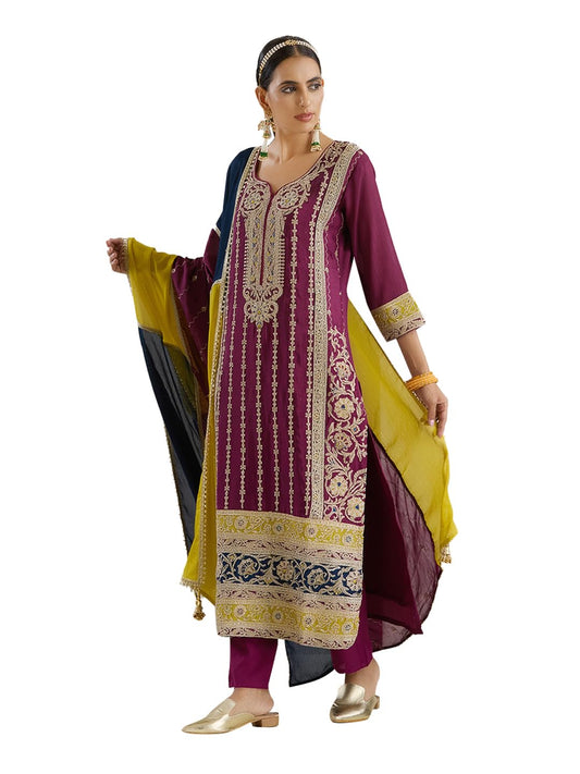 ishin Gold zari embroidered straight festive kurta with pants and dupatta