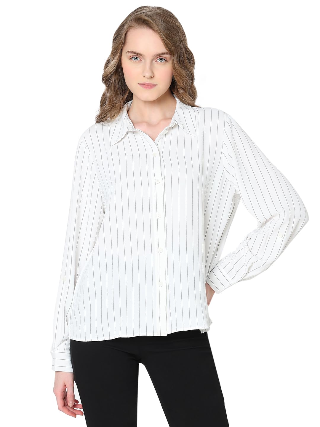 VERO MODA Women Striped White Polyester Regular Fit Shirt