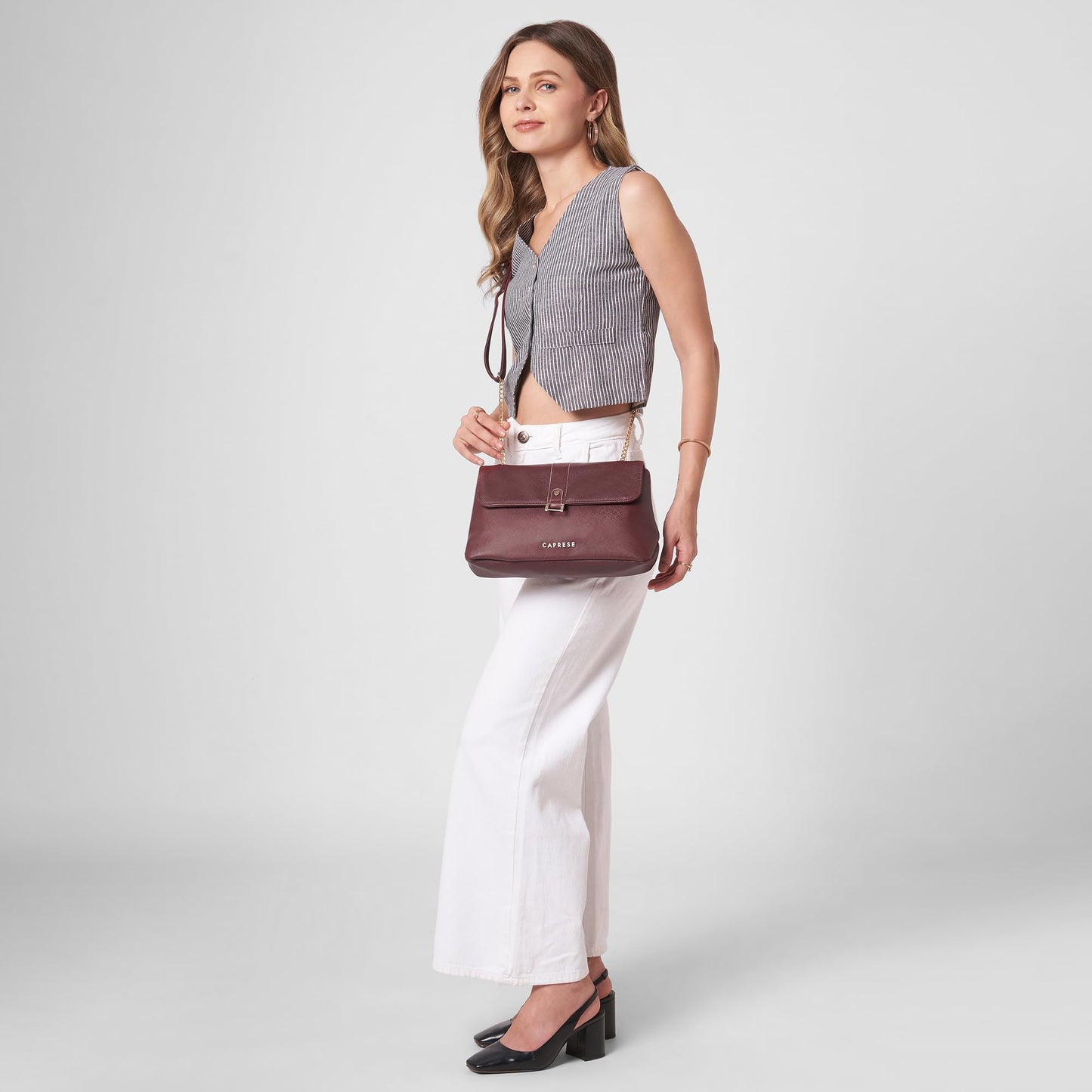 Caprese Lexi Medium Sling Bag for Women | Solid Faux Leather Crossbody Handbag with Adjustable Strap | Stylish Shoulder Purse with Zipper & Magnetic Button Closure | Everyday Office, & Travel (Cherry)