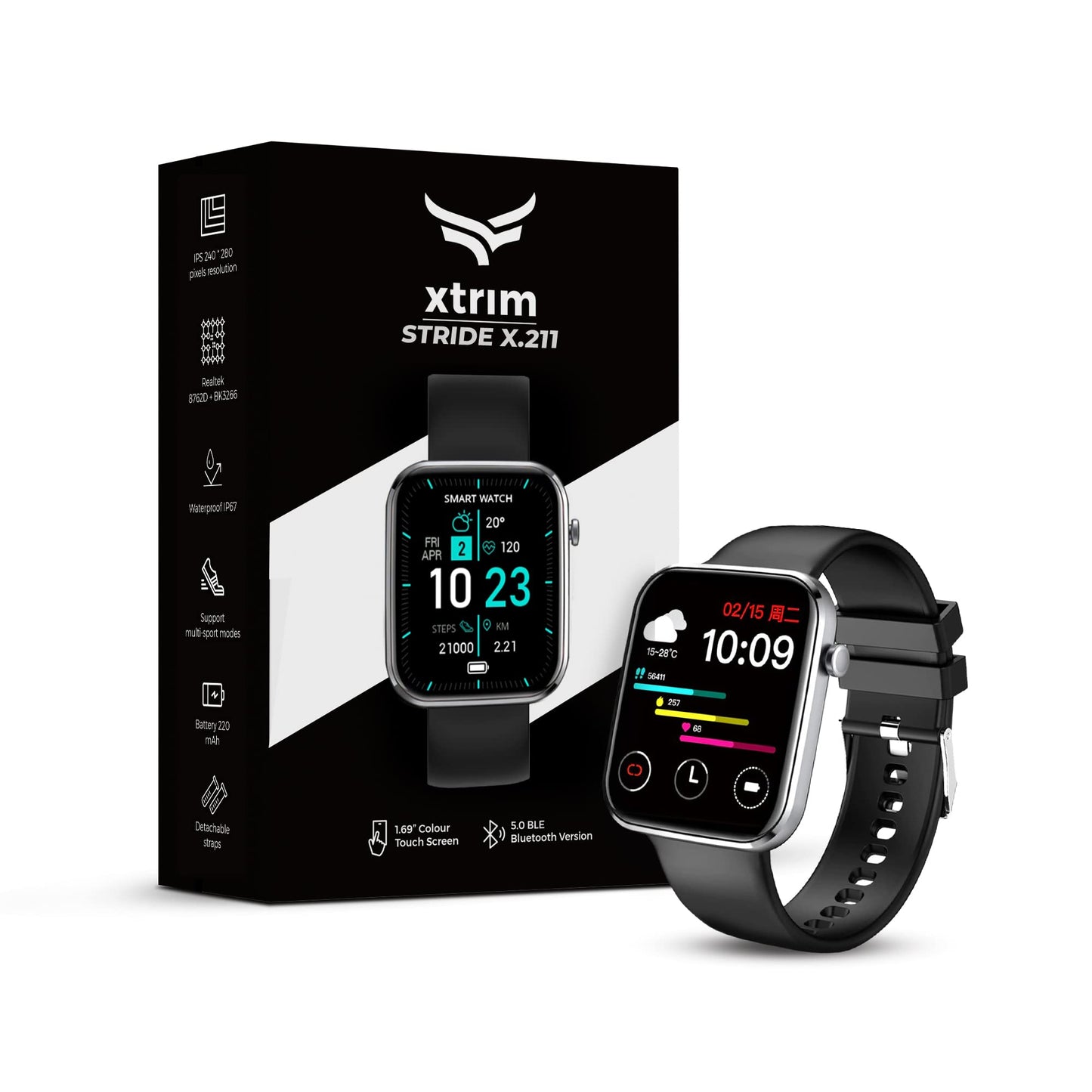 Xtrim Stride X.211 Smartwatch with SpO2 Tracking, 1.69" Colour Touch Screen, 220 mAh Battery, Waterproof IP67, Multi-Sport Modes, Detachable Straps | Works with DaFit Application (Black)