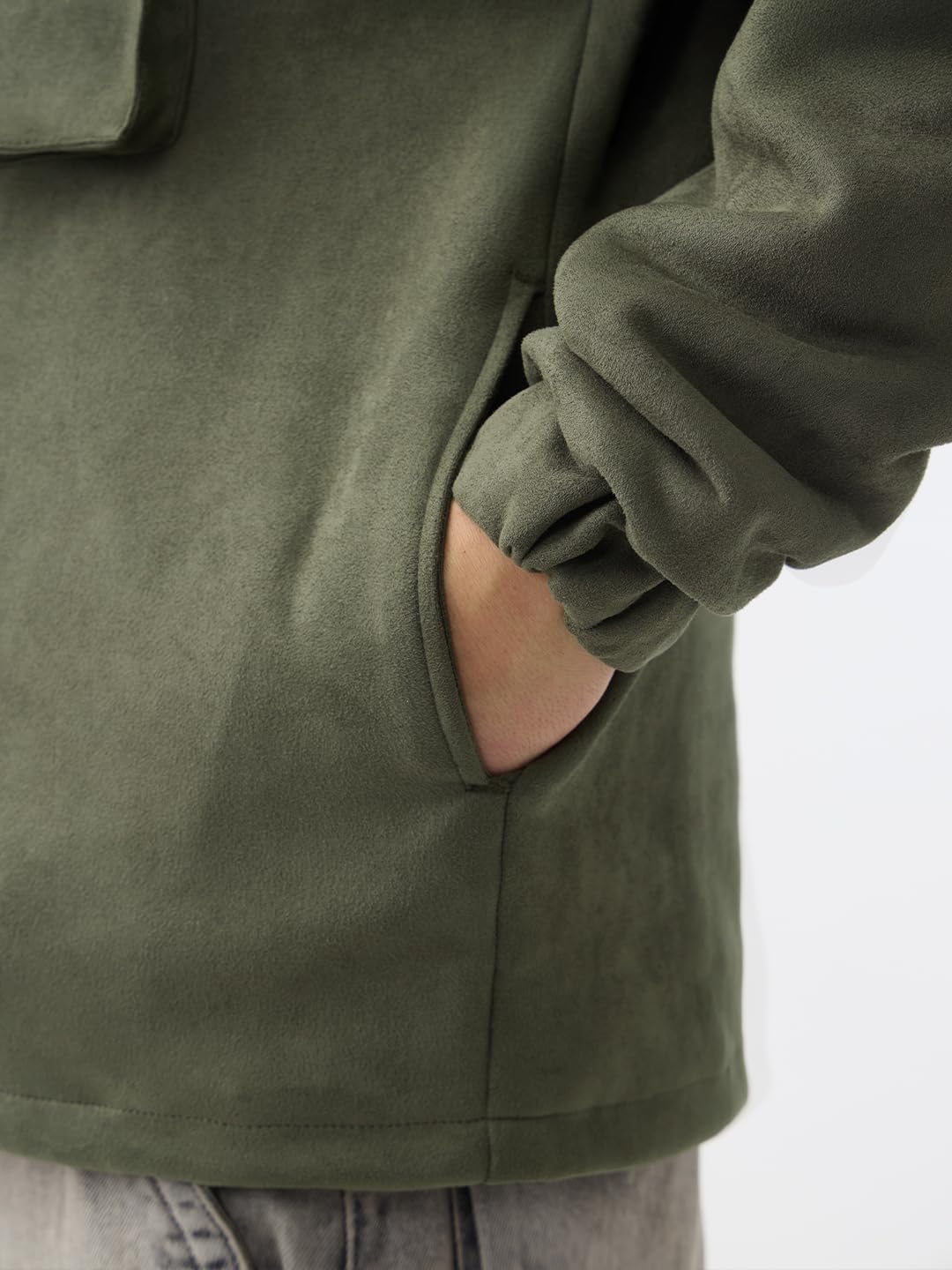 The Souled Store Racer Jacket: Men and Boys Full Sleeves Mock Neck Hunter Green Solid Suede Oversized Fit Utility Pockets Lightweight Winter Jacket