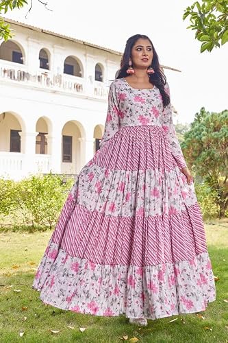Samprag Women’s Poly Viscose Rayon Gown | Pink Printed Fit & Flare Full-Length Ethnic Dress | Long Sleeve Round Neck Wedding (M)