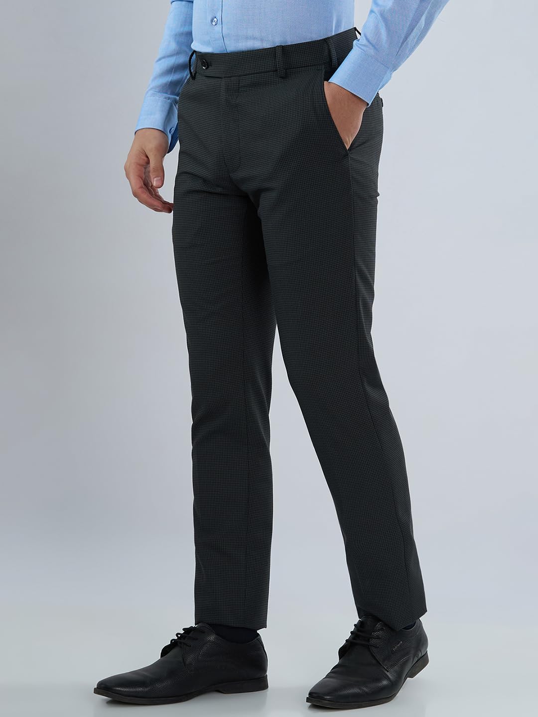 Raymond Men’s Slim Fit Formal Trousers, Poly Viscose Blend, Checked Pattern Design, Office Wear | Dark Grey