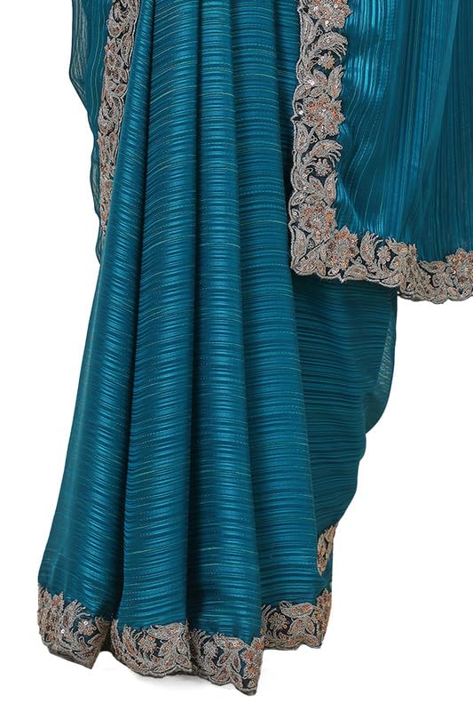 Soch Womens Teal Striped Chiffon Saree Sequins Border