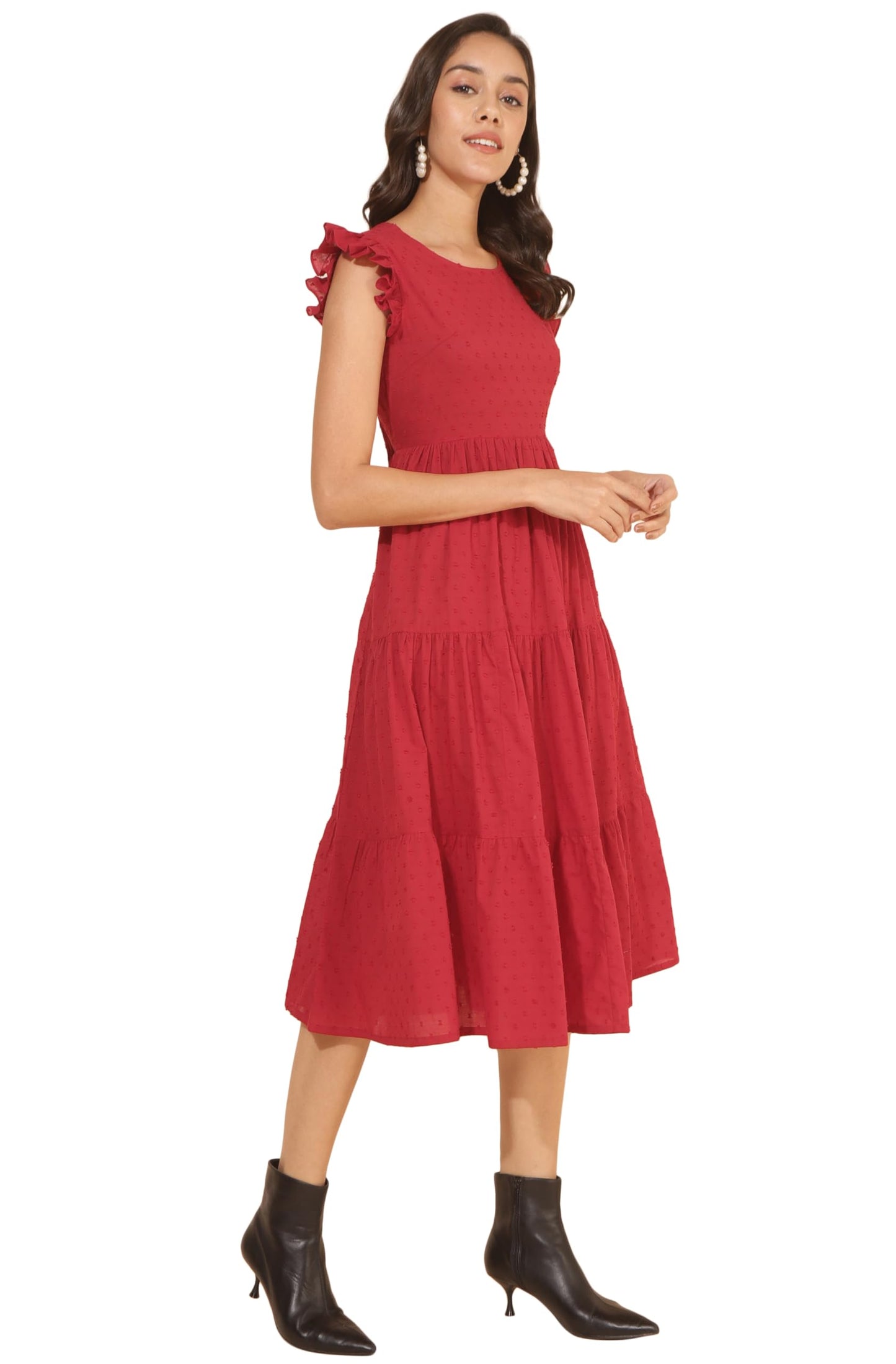 Janasya Women's Red Cotton Dobby Solid Tiered Dress(JNE4371-DR-M)