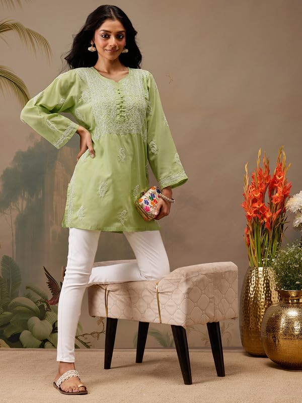 Ada Women Cotton Relaxed Fit Hand Embroidered Green Short Kurta Kurti Lucknow Chikankari Top Tunic A911461 (XS)
