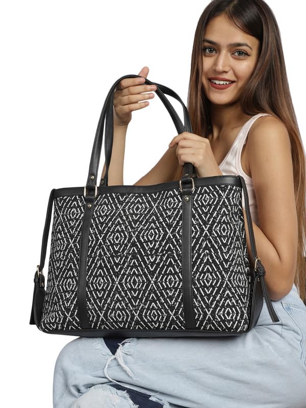 MINI WESST Women's Beautiful Black Graphic Fabric Tote Bag For Occasion, Office and College