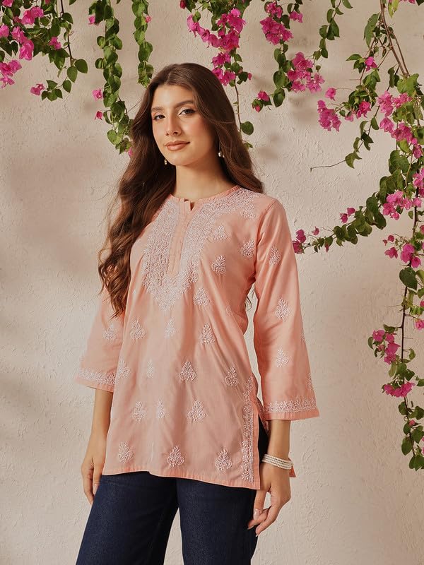 Ada Hand Embroidered Lucknowi Chikankari Cotton Short Kurti Top Tunic for Women A911492 Light Peach (M)