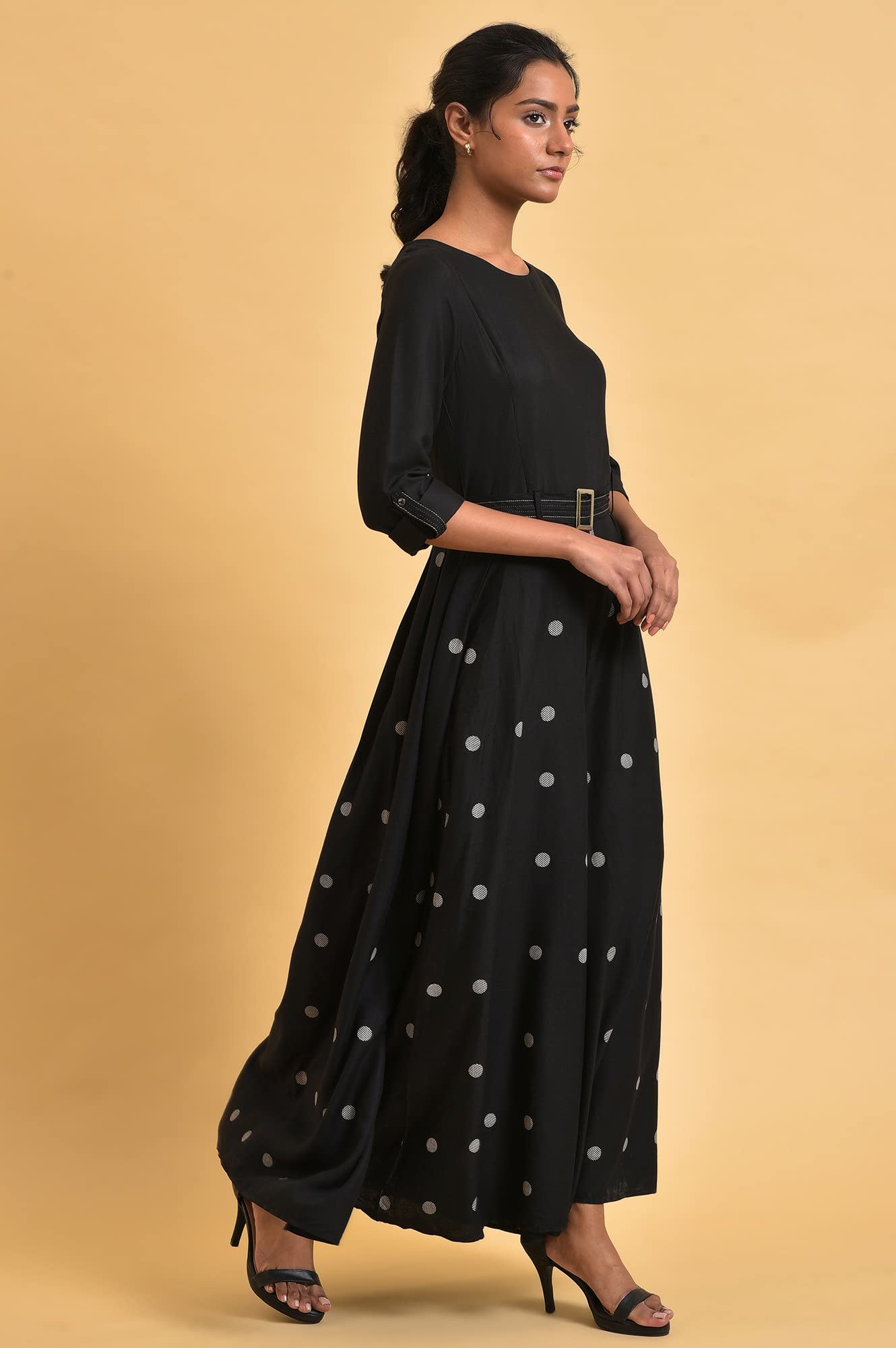 W for Woman Black Polka Dot Jumpsuit with Belt (Size: XS)-23FEW18702-120119
