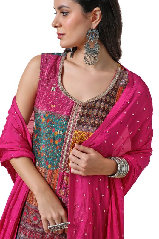 Soch Womens Fuchsia Chinon Abstract Print Suit Set with Zardosi
