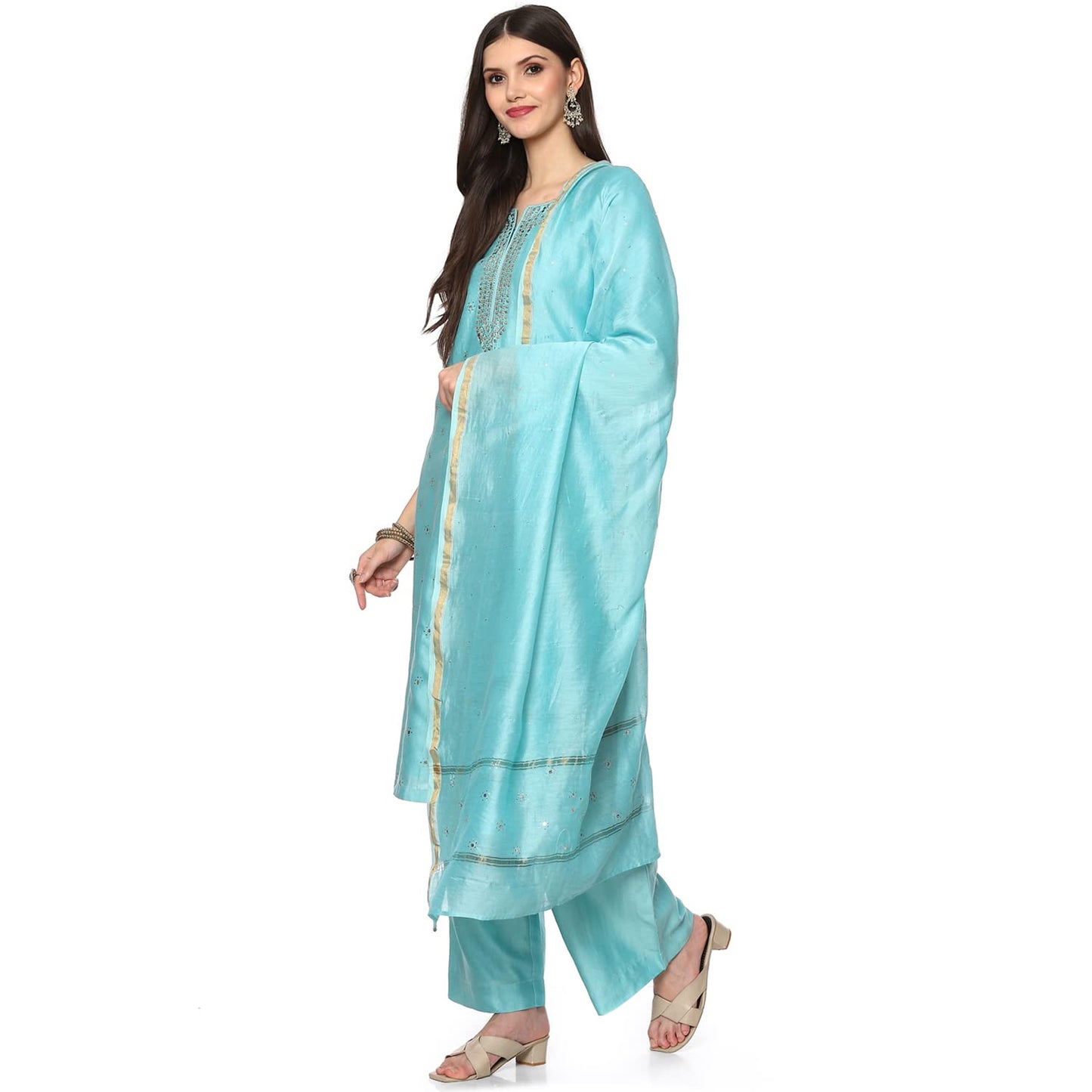 BIBA WOMEN SOLID STRAIGHT SALWAR KURTA DUPATTA(SKDCHIKANKA7800_TURQUOISE_36)