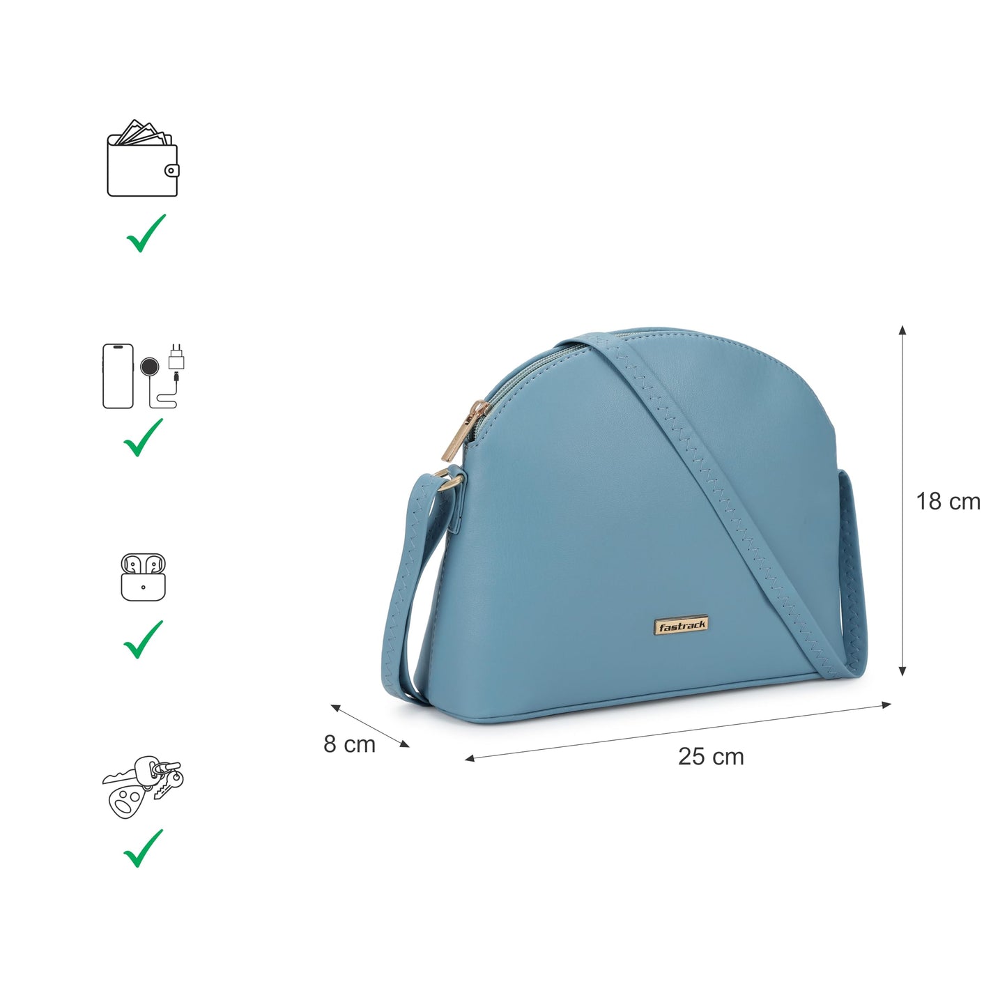 Fastrack Sling Bag For Women | Faux Leather Sling With Adjustable Belt and Quick Access Pocket | Zip Closure and Spacious Interior | Trendy Handbags, Blue