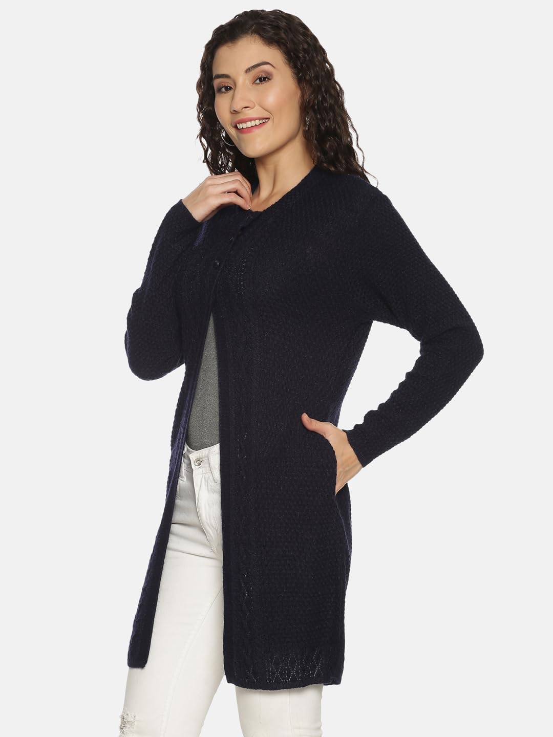 Clapton Winter WearWool Blend Round Neck Full Sleeve Button Self Design/Solid Long Shrug for Women-REXNV4024-NAVY_M