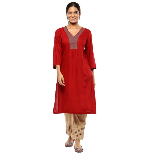 BIBA Women's Red Rayon Straight Kurta_46