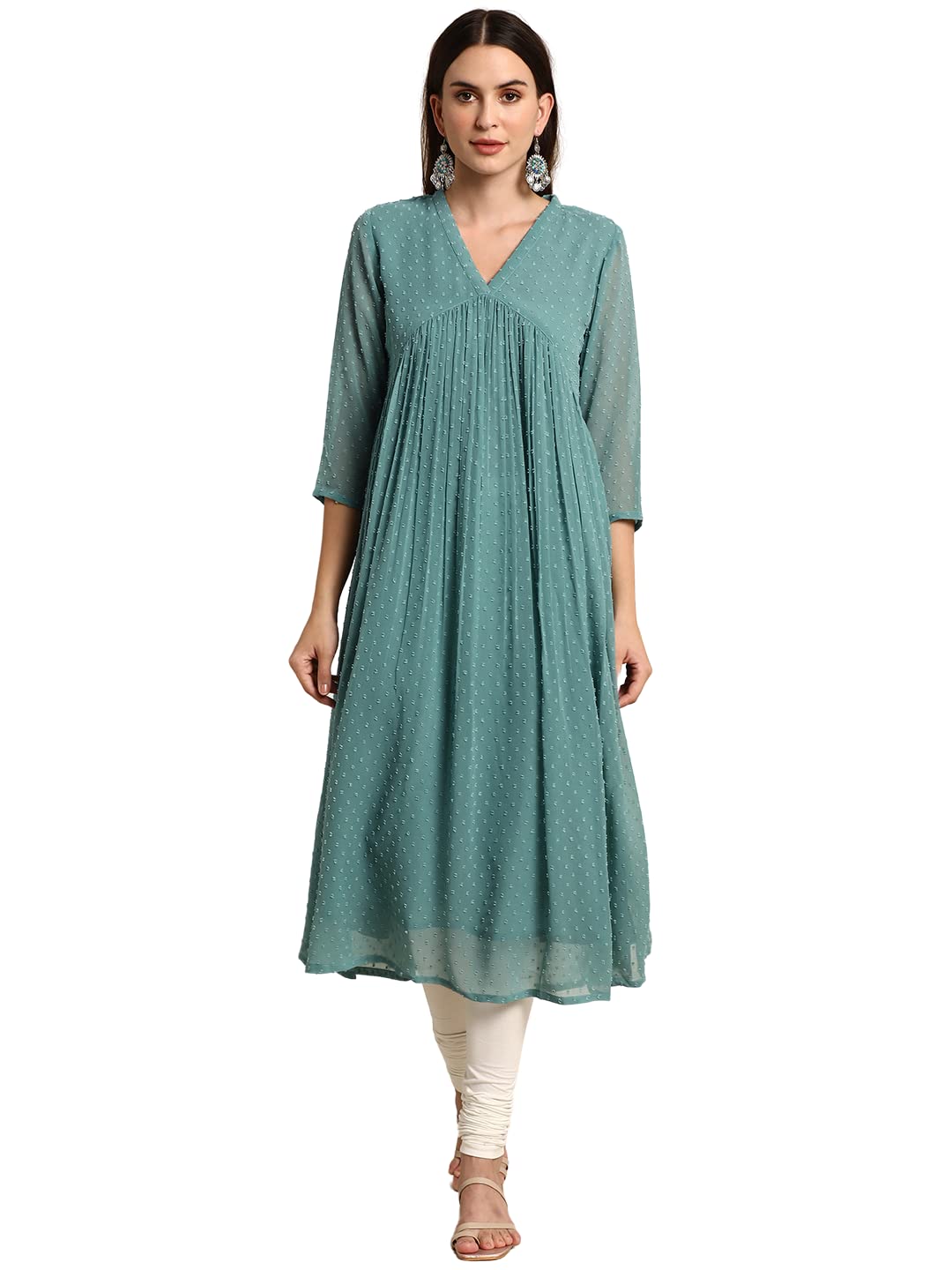 Janasya Women's Green Poly Chiffon Self Design Flared Western Dress(JNE3797-KR-XS)