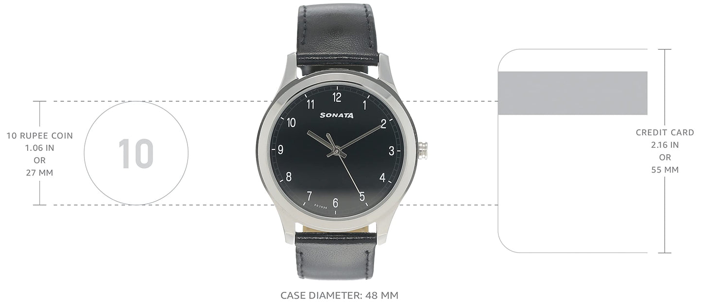 Sonata Quartz Analog Black Dial Leather Strap Watch for Men-NS7135SL02
