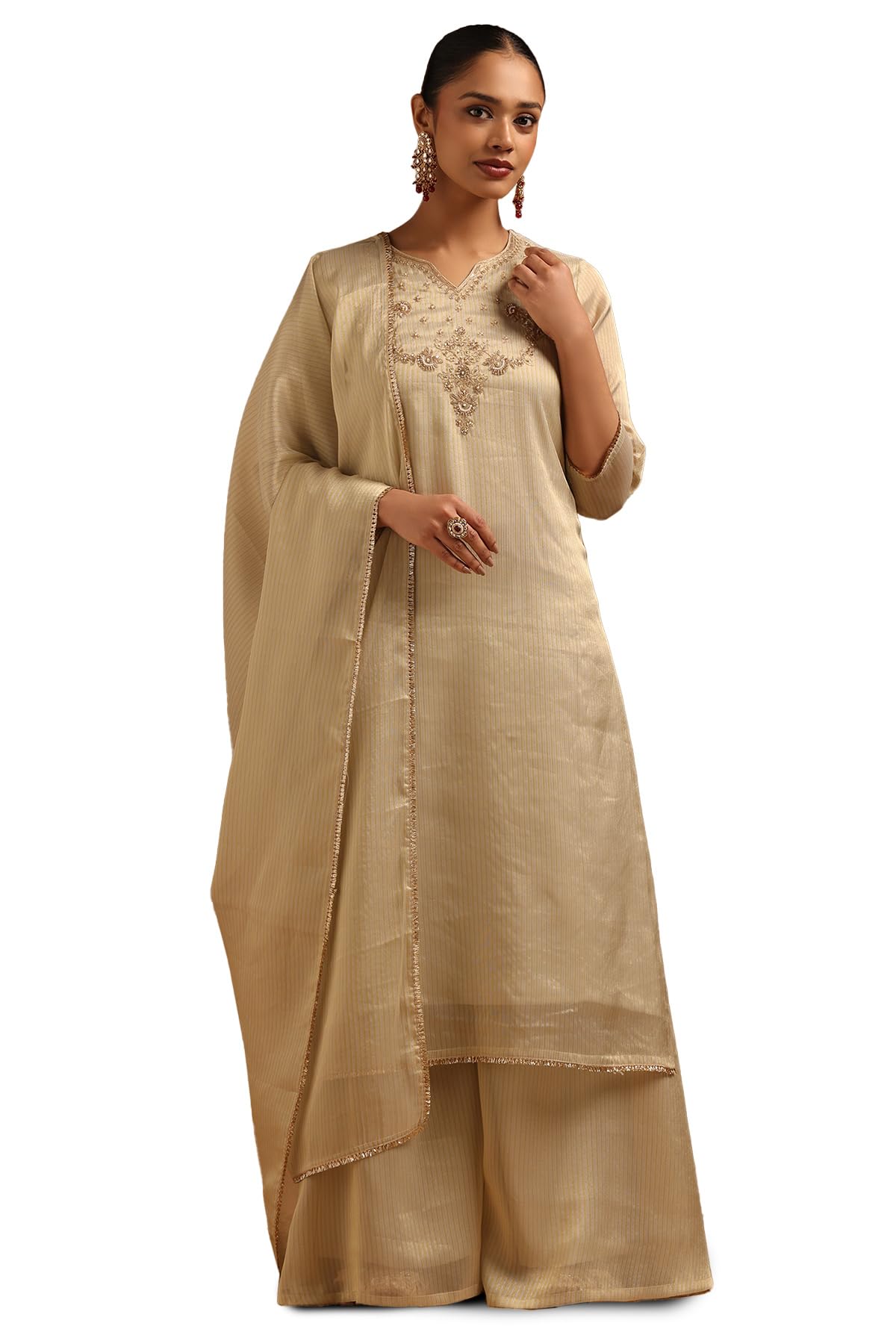 Soch Womens Beige Tissue Stripes Salwar Suit With Sequins
