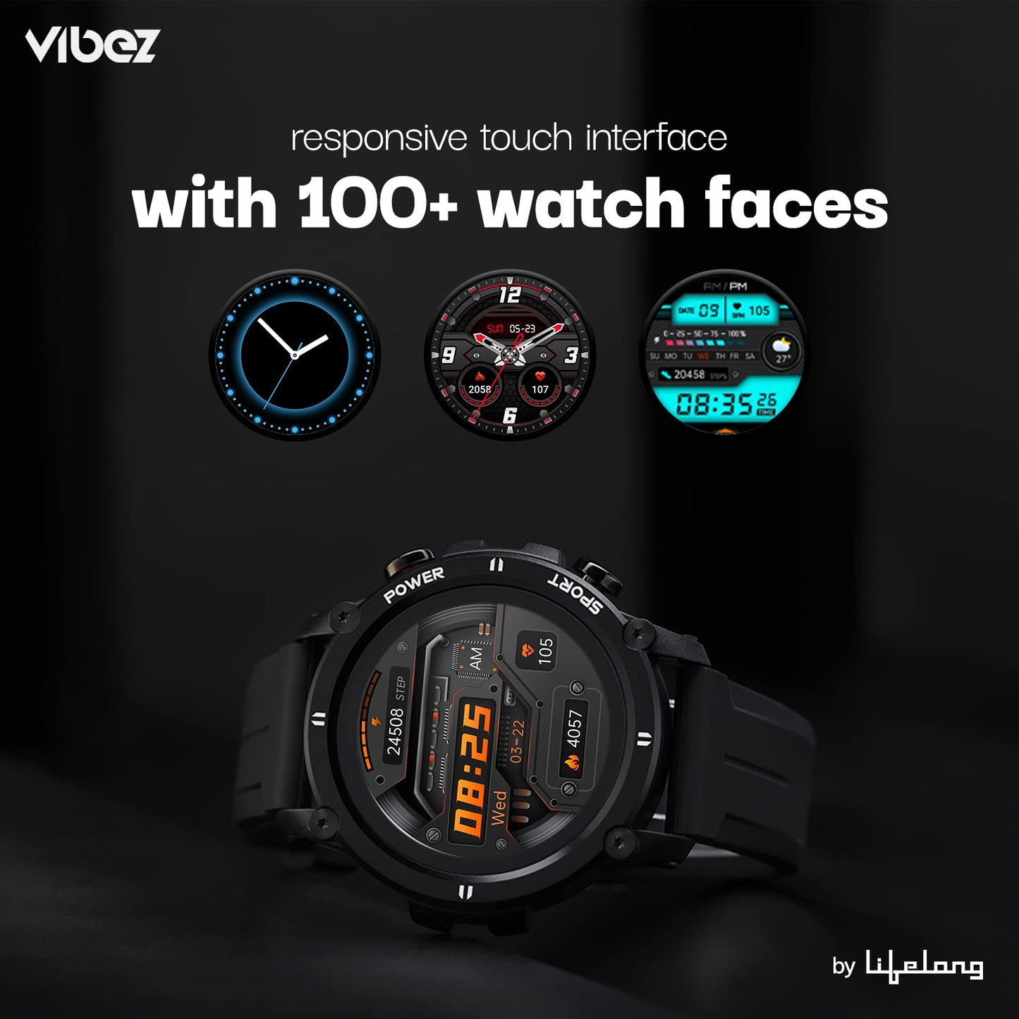 Vibez by Lifelong Haile Smartwatch For Men with HD Display|24x7 Heart Rate & Blood Oxygen Tracking|Sports Mode|Sleep Monitor|IP67 Waterproof|7 days Battery Backup (VBSWM108, 1 Year Manufacturer Warranty, Black)