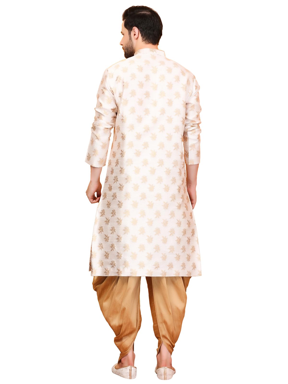 Over Crowd Men New Look Floral Gold Leaves Jacquard Kurta & Salwar Set (Cream & Gold);Size:42, XL
