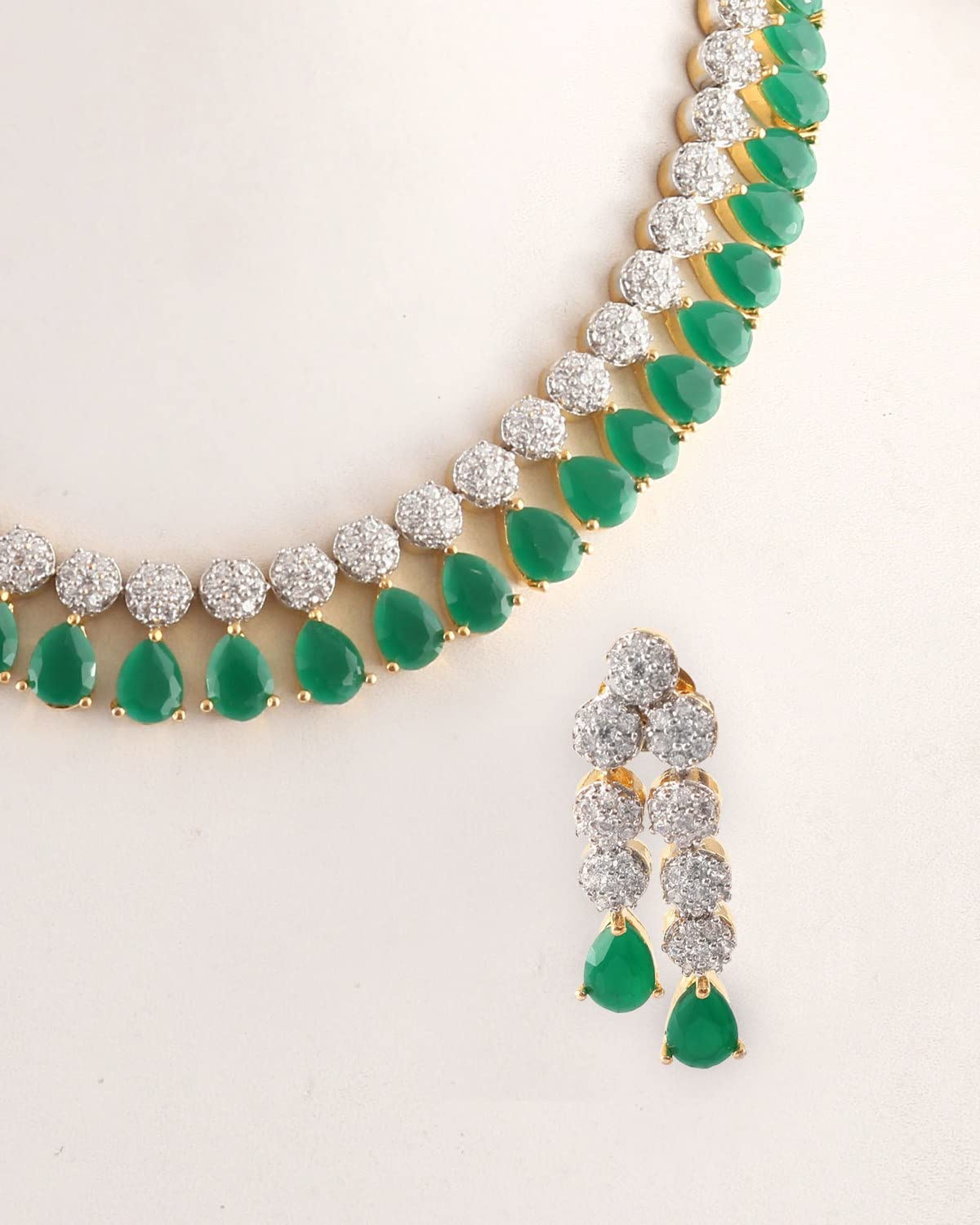Jewar Mandi Necklace Set Ad Cz Silver Gold Plated Two Tone Gemstone Jewelry for Women & Girls (Green Emerald)
