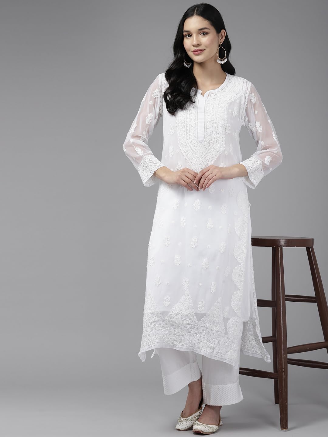 Ada Hand Embroidered Lucknowi Chikankari White Georgette Kurta Kurti with Slip for Women A411426 (XL)