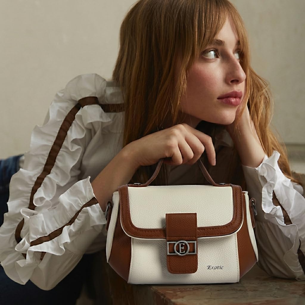 EXOTIC Premium H-Lock Sling & Hand Bag for Women | PU Leather Crossbody with Magnetic Lock, Adjustable Strap & Top Handle | Ideal for Office, Travel & Daily Use (White-Brown)