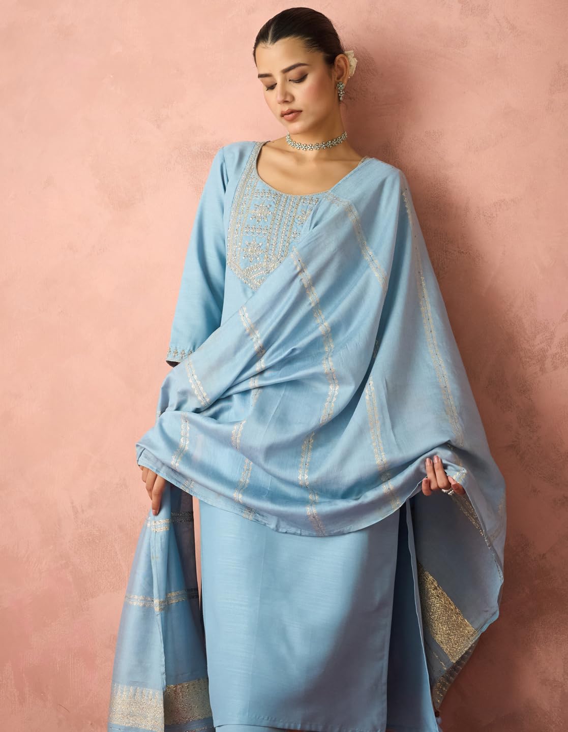 Hritika Blue Cotton Blend Sequined Embroidered Kurta with Pant and Dupatta_HRKBD0219LBLUE_M