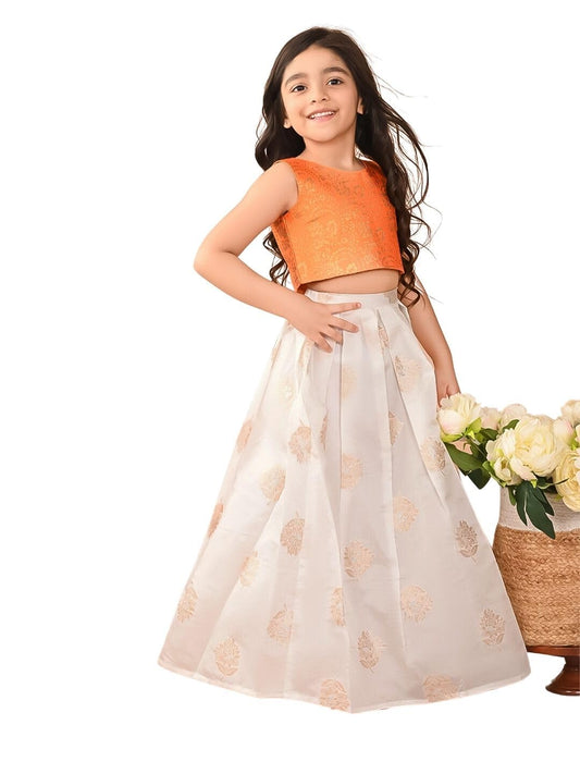 LILPICKS Embossed Sleeveless Blouse with Batik Printed Lehenga Set for Girls (Orange White) (5-6Y)