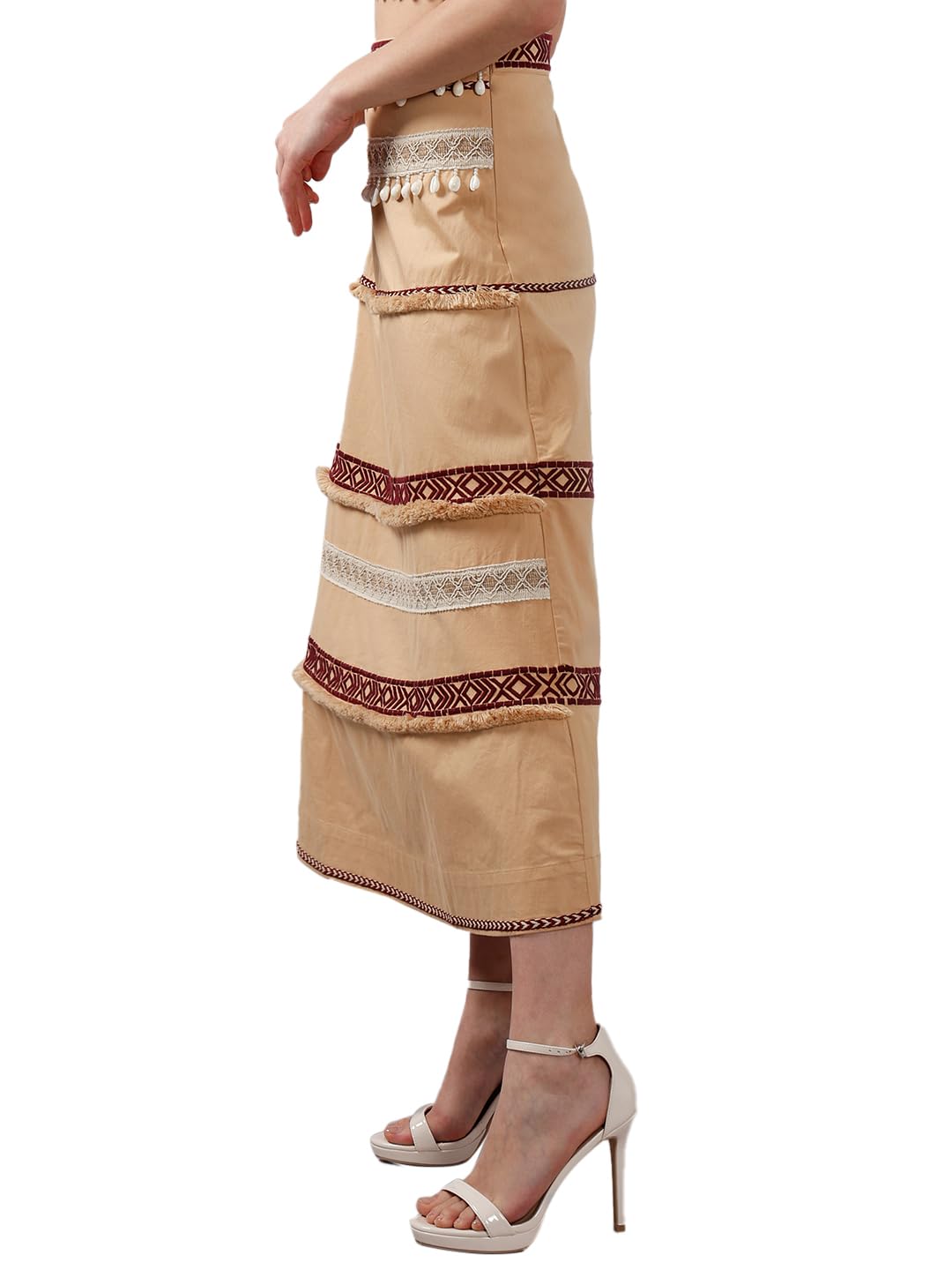 VERO MODA Women's Flared High Rise Beige Skirt