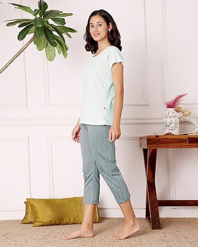 BODYCARE Women's Cotton Printed T-Shirt and Capri Set | Soft & Breathable Nightwear | Short Sleeves | Loungewear Co-Ord Set| BSCS16043_100 Multicolour