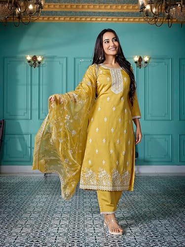 Royal Export Women's Chanderi Ethnic Motifs Embroidered Straight Kurta Pant with Dupatta, kurta sets for women-Yellow