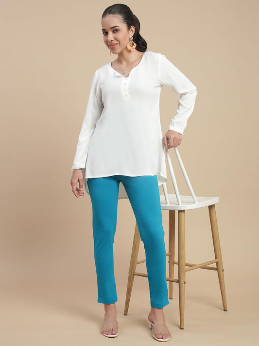 De Moza Women Comfort Fit Kurti Pant - Teal | 95% Cotton 5% Elastane | Mid Rise | 1 Pocket | Casual & Office Wear
