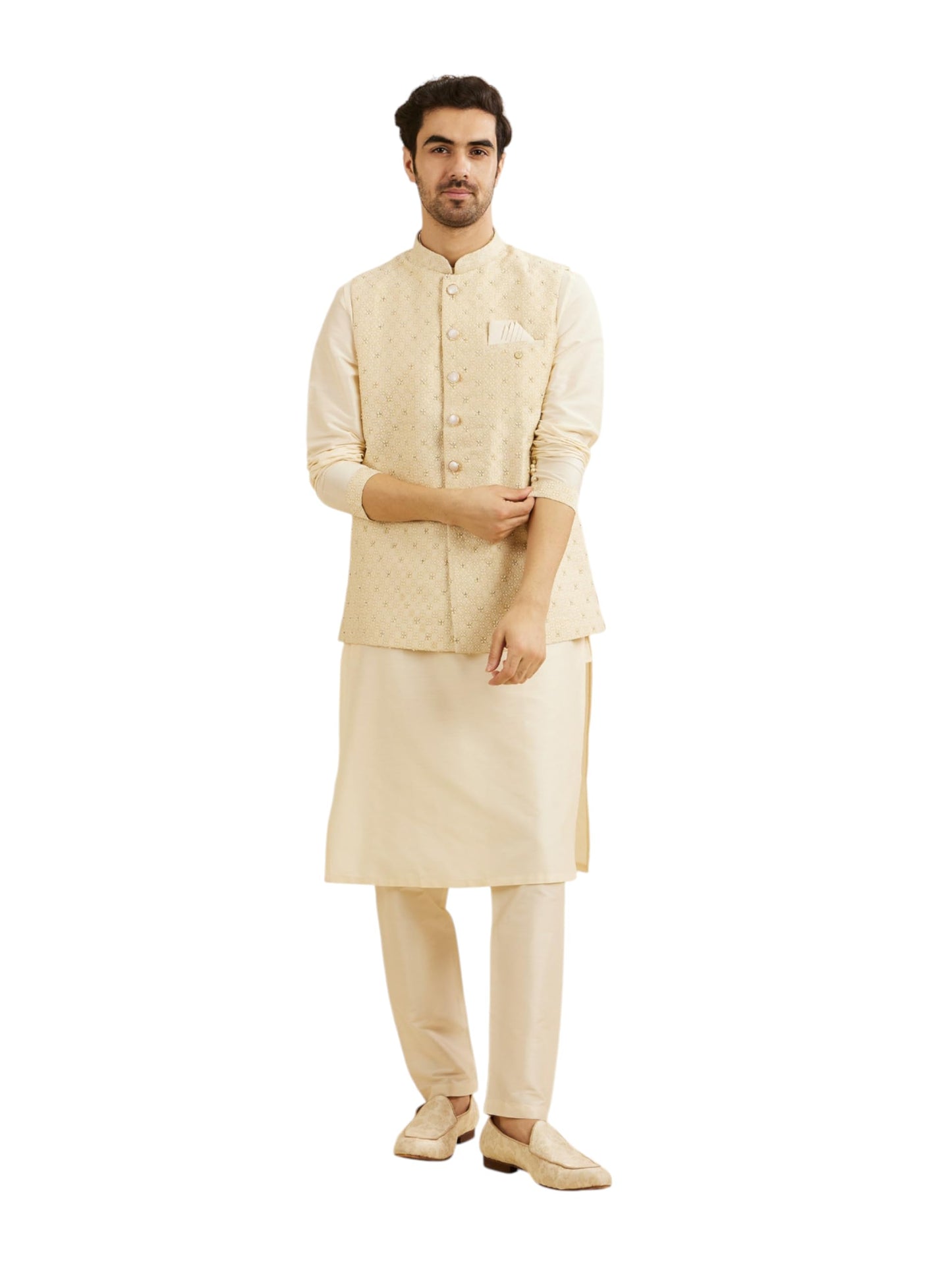 Manyavar Men's Brocade Embroidery|Floral Moti Work Kurta Jacket Set (Cream,S)