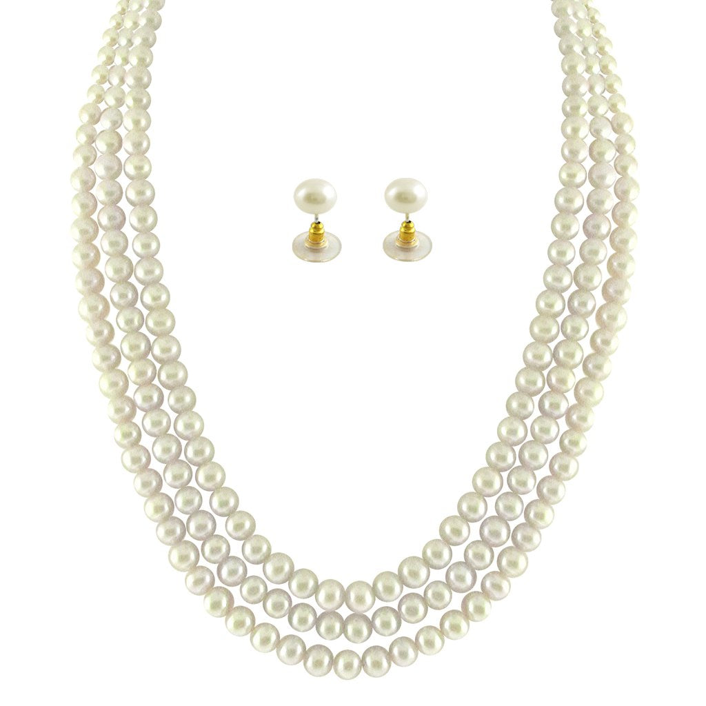 Sri Jagdamba Pearls Dealer 3 String White Pearl Set for Women | Necklace Set for Women and Girls With Certificate of Authenticity
