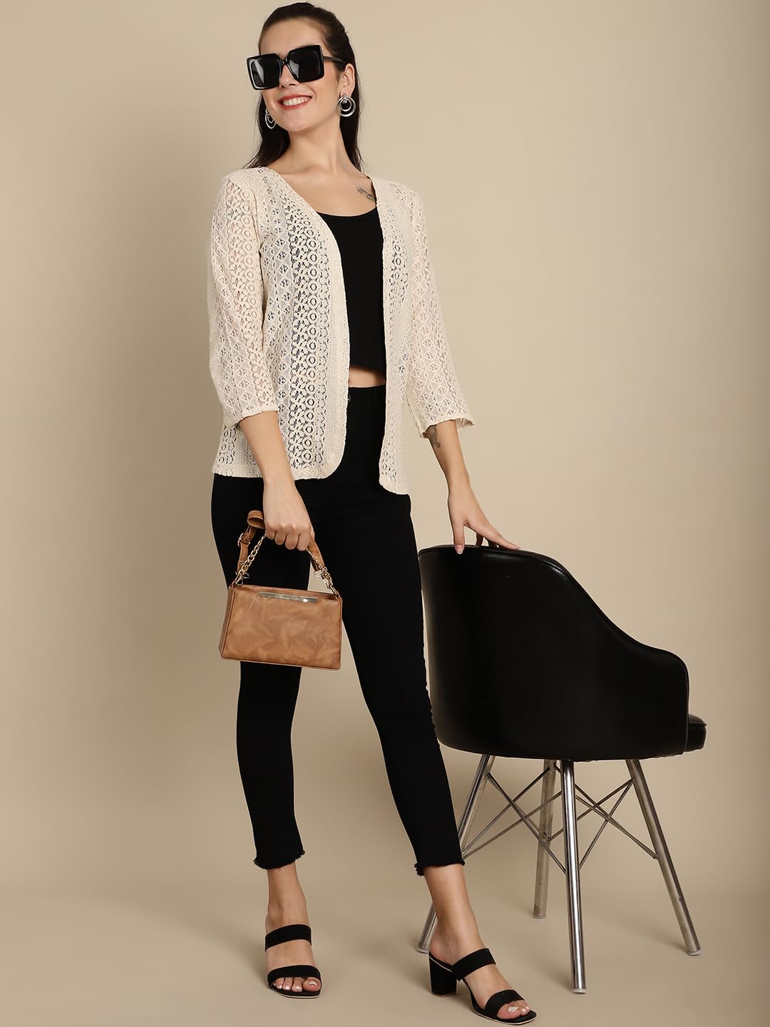 FineMe Women Trending Front Open | Cotton Self Designed 3/4th Sleeves Blazer Shrug 5XL Beige