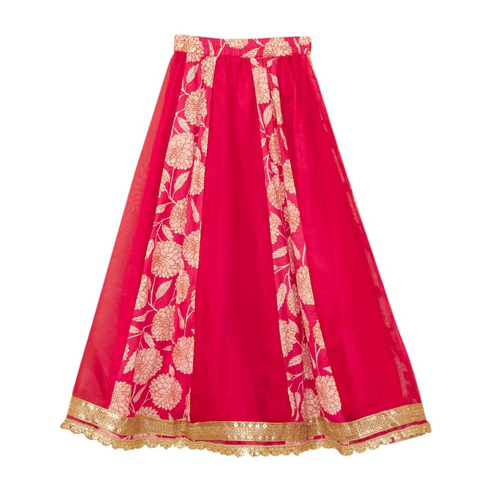 Hopscotch Girls Silk Blend Blouse and Lehenga Ethnic Set with Dupatta Readymade In Red Color For Ages (5-6 Years)