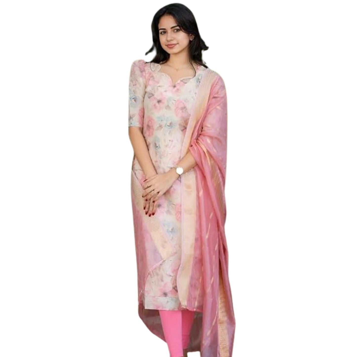 24 Carat Suit Women's Floral Pattern Chanderi Kurta Dupatta Set with Sweetheart Neck Calf Length and Pull On Closure Type