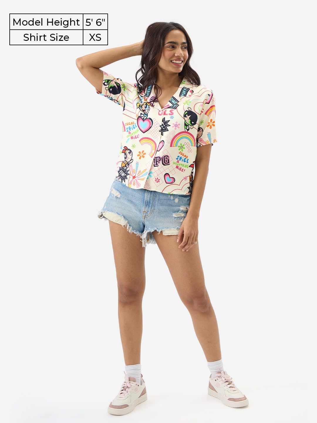 The Souled Store Official Powerpuff Girls: Sugar & Spice Women and Girls Short Sleeve Collared Neck Button Front Multicolor All Over Print Regular Fit Rayon Summer Shirts
