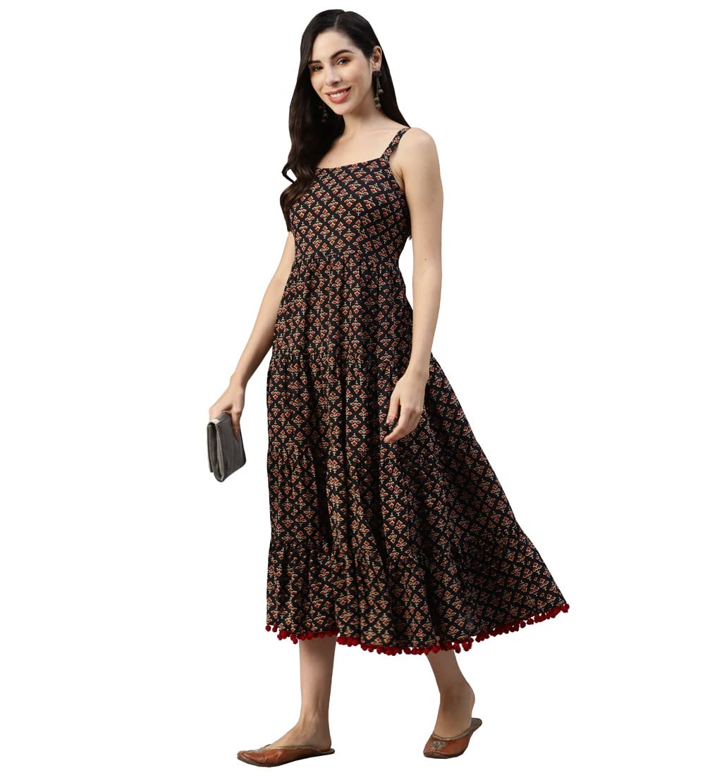 Divena Women Black Floral Printed Fit and Flare Shoulder Strip Long Dress,Medium