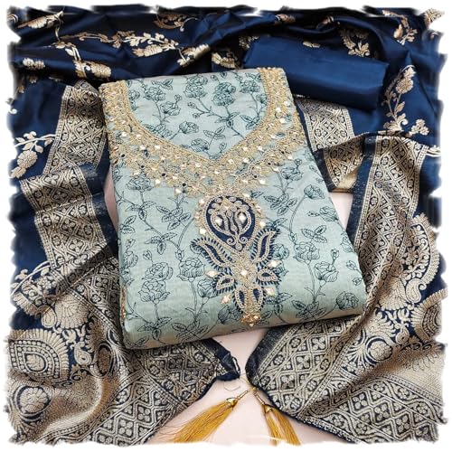 Leeli Peeri Designer Women's Chanderi Print With Embroidery Work Unstitched Salwar Suit Dress Material