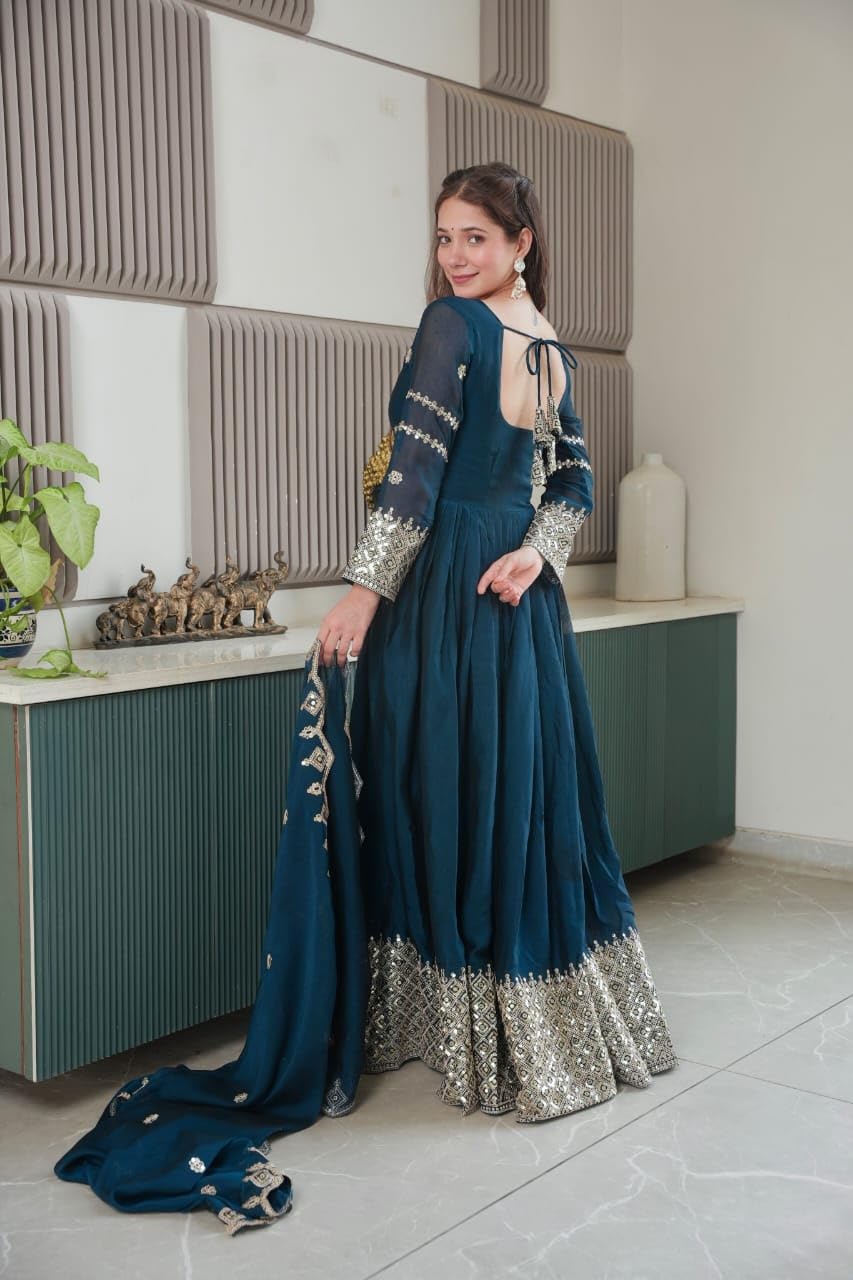 Women's Solid Embroidery Work Crush Silk Gown with Dupatta Long Sleeves and Round Neck Most Beautiful Havy Gown for Party | Wedding | Diwali |Any Occasion (in, Alpha, M, Regular, Women, Rama)