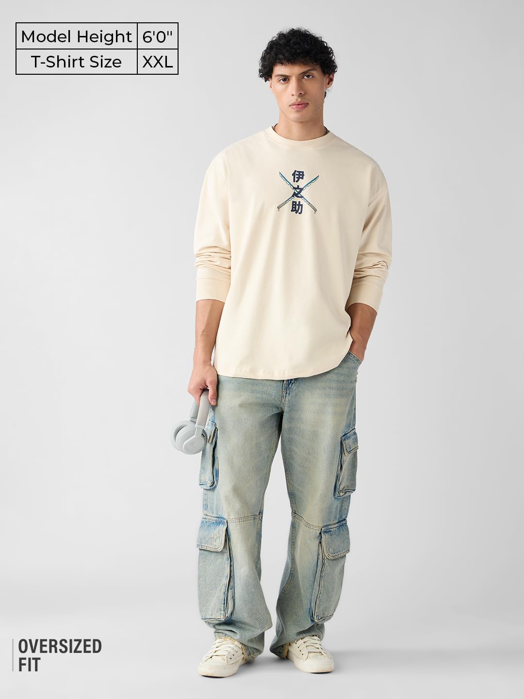 The Souled Store Demon Slayer: Inosuke Men and Boys Long Sleeves Round Neck Graphic Printed Cotton Oversized Comfortable Lightweight All-Season T-Shirt