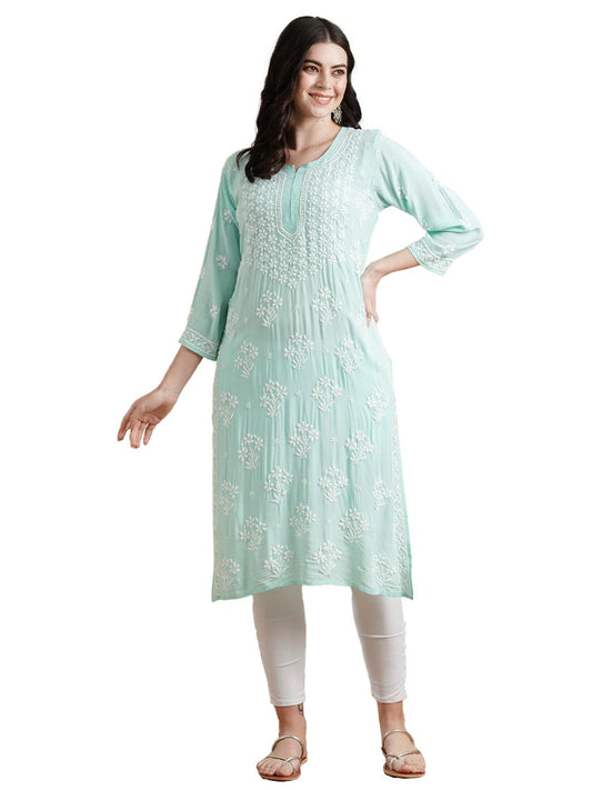 Ada Hand Embroidered Ethnic Wear Straight Modal Lucknow Chikankari Kurta Kurti Tunic for Women A411551 Sea Green (3XL)